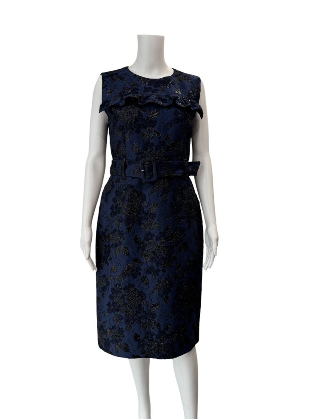 $2980 Prada 2019 Blue Black Brocade Belted Ruffle Shift Dress size IT 46/10